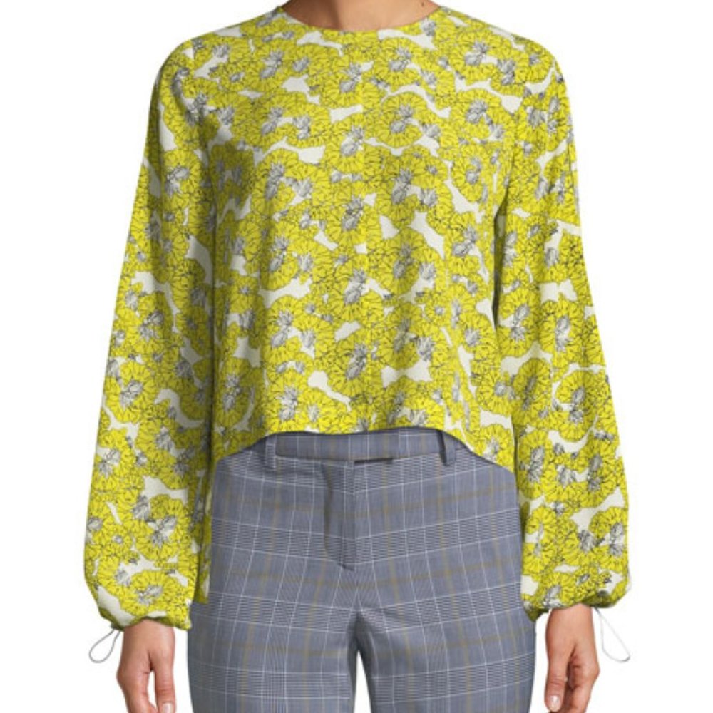Robert Rodriguez Dania Floral-Print Ruffle-Back Yellow Blouse